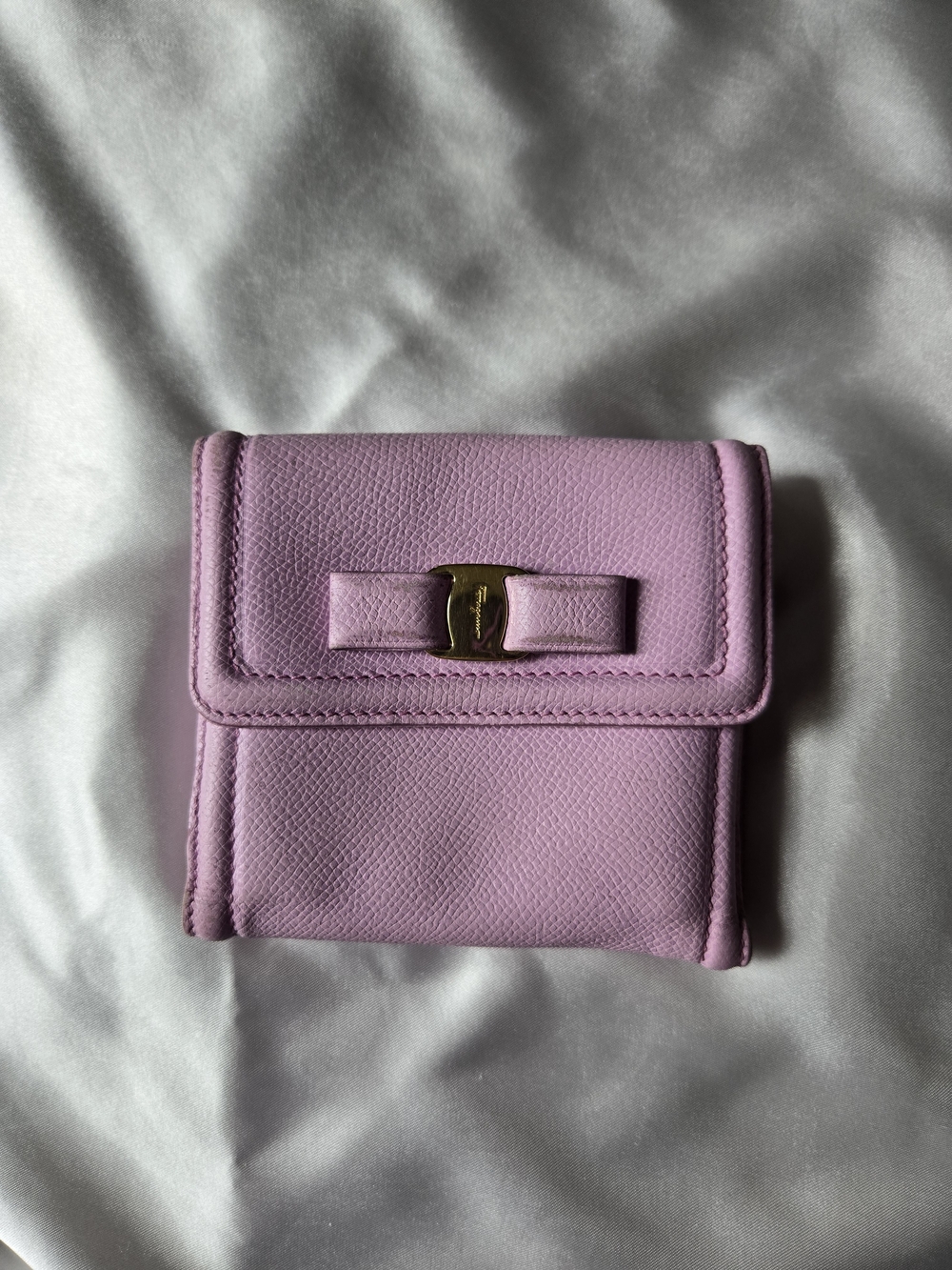 Salvatore Ferragamo Lavender Leather Bow Compact Wallet with Gold Hardware